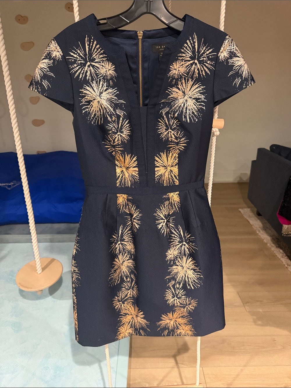 Ted Baker Navy Dress with Gold Firework Print
